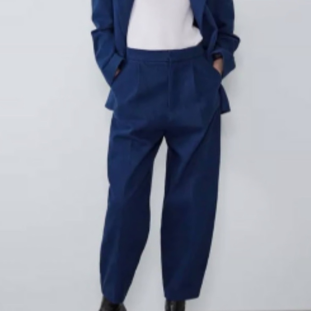 Zara High Rise Slouchy Pleated Denim Trouser Pants Navy Blue Womens Size 14 NWT